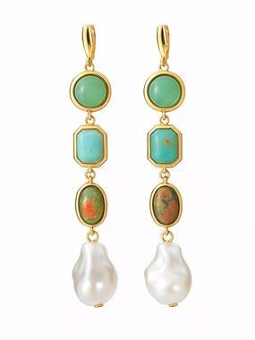 Camila Coelho Green and Turquoise Multi-Stone Drop Earrings with Pearl Drops